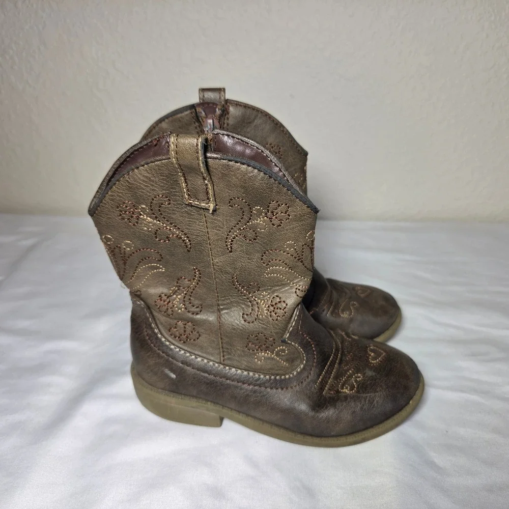 Toddler Brown Faux Leather Western Cowboy Boots Floral Embroidery Size 10 S1621